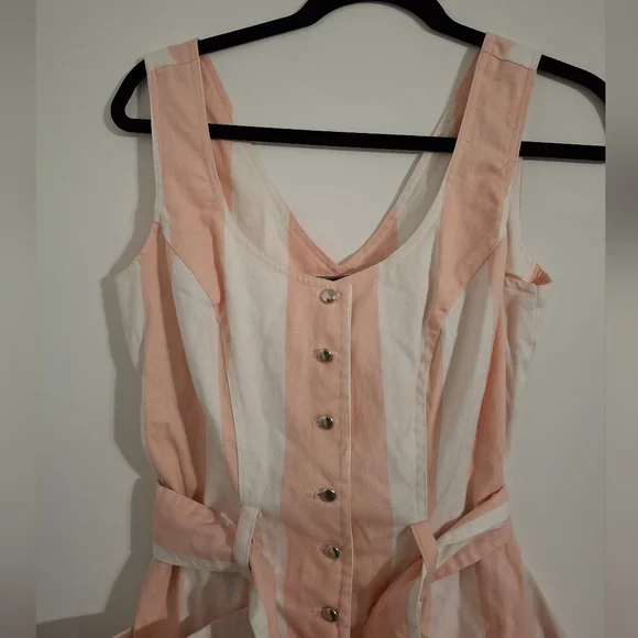 Striped Button Front Sleeveless Dress with Belt - Picture 3 of 8